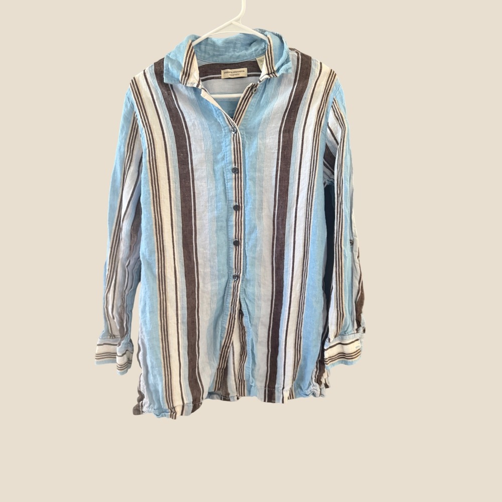 Valerie Stevens Blue Brown Striped 100% Linen Button Down Shirt Womens Large